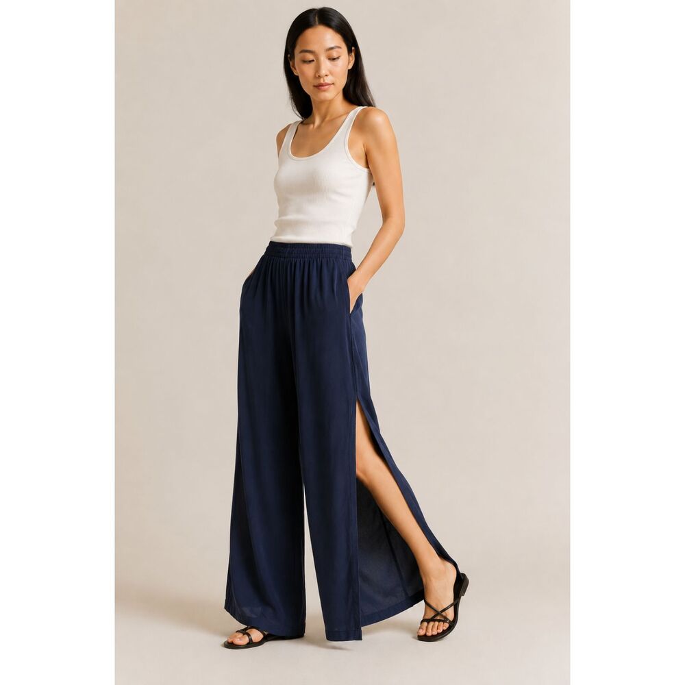 Quince 100% Silk Navy Blue Wide Leg Pull On Pants Elastic Waist Size M